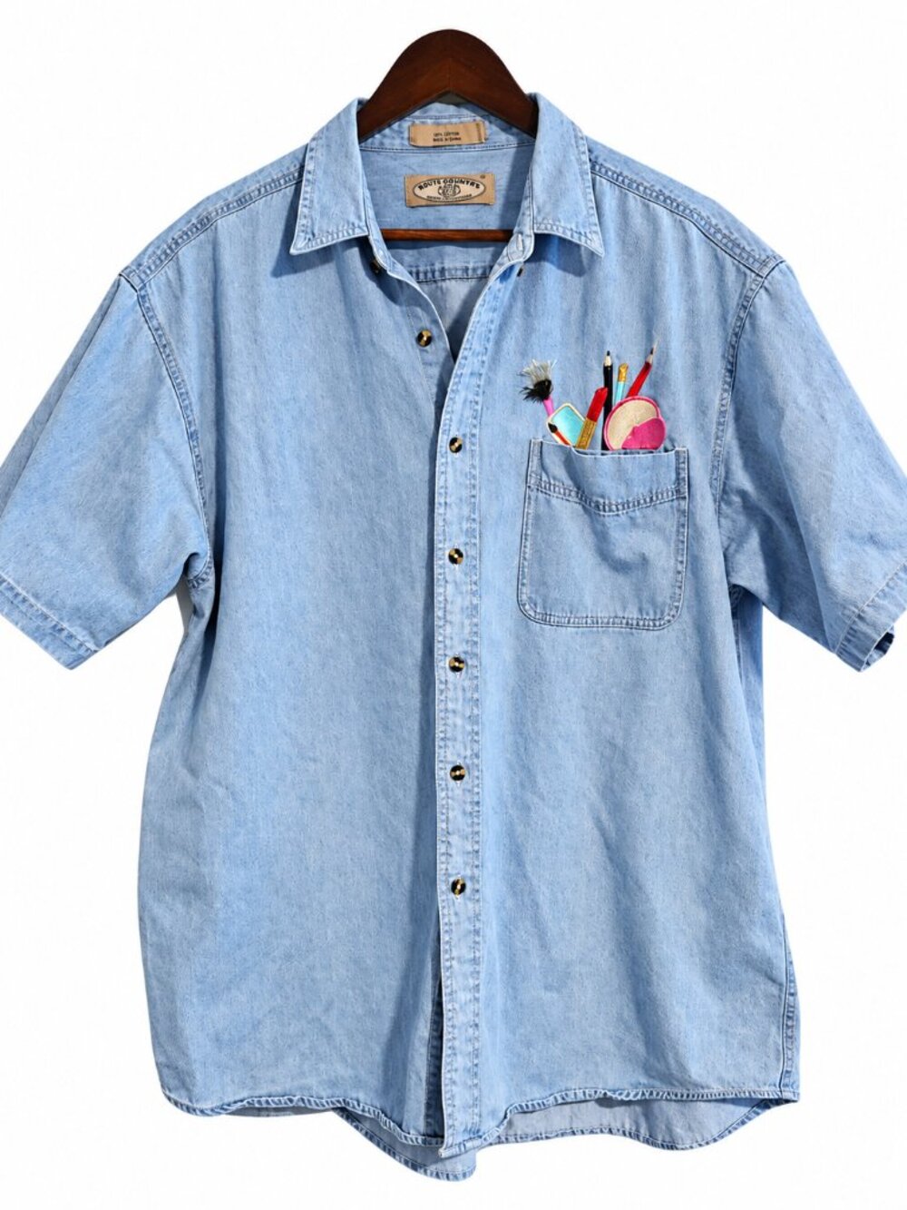 Most Wanted Denim Shirt Light Wash Short Sleeve Embroidered 100% Cotton